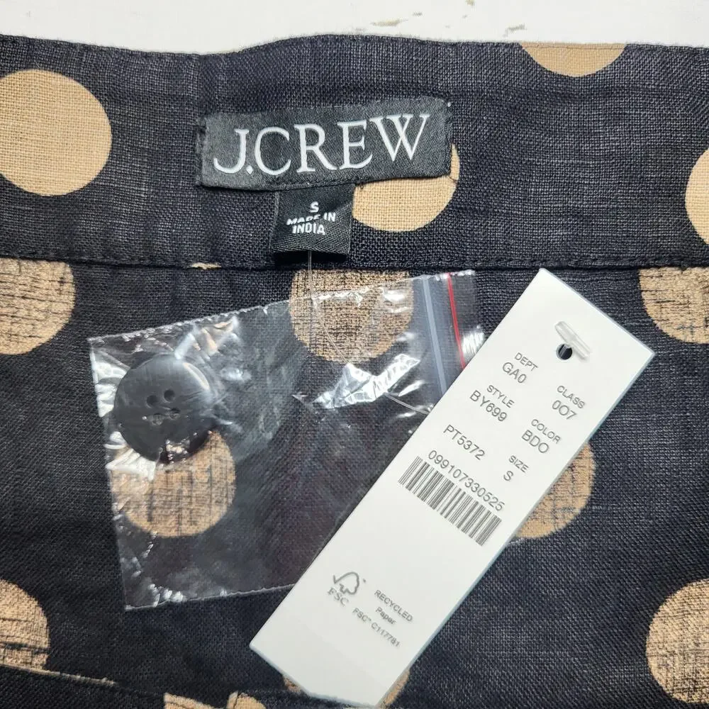 J Crew Linen Square Neck Button Down Top Black Tan Polka Dot Puff Sleeve Small